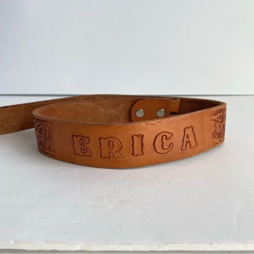 Vintage Tooled Leather Belt Hunting Dog Brown Western ERICA Womens Girls 26‎ XS